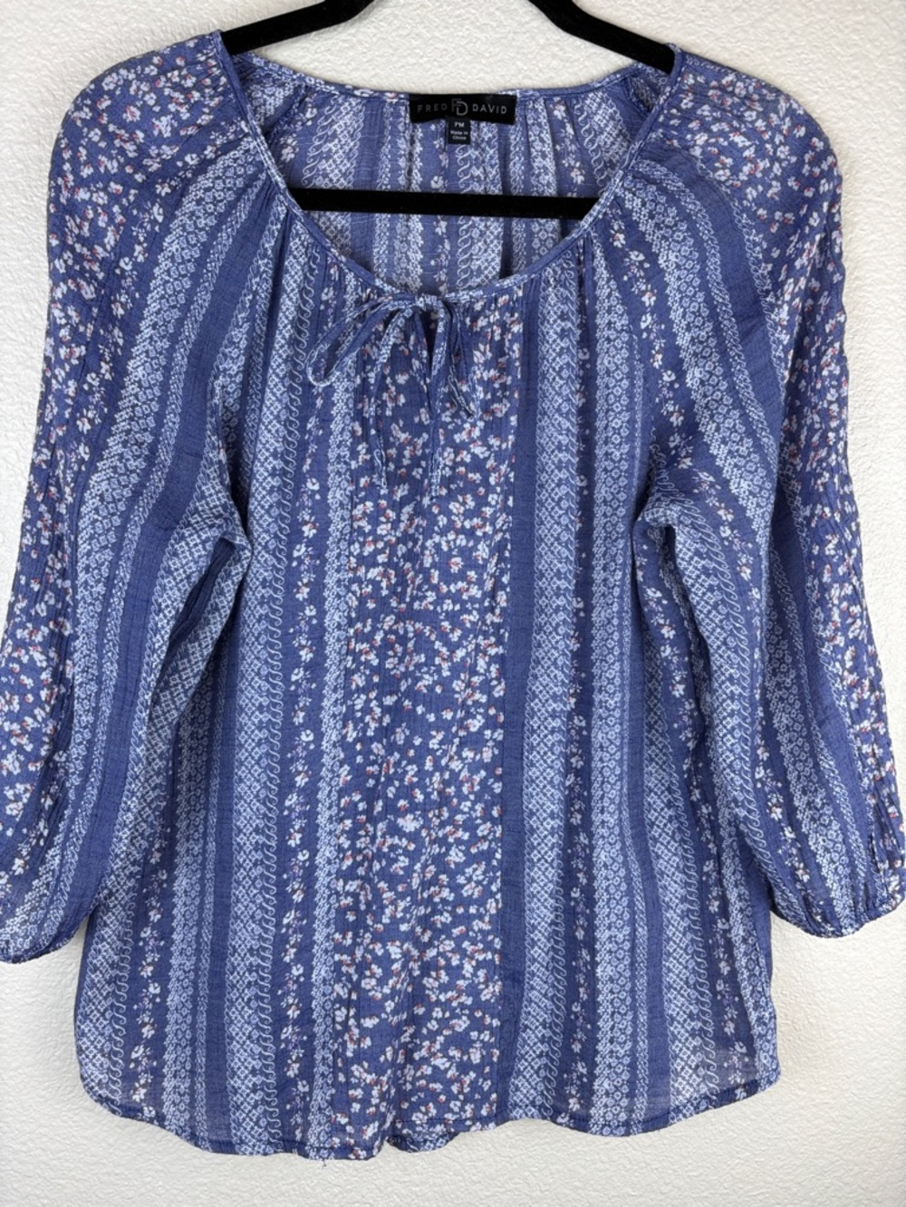 Fred David Blue Floral & Stripe Peasant Top Size PM